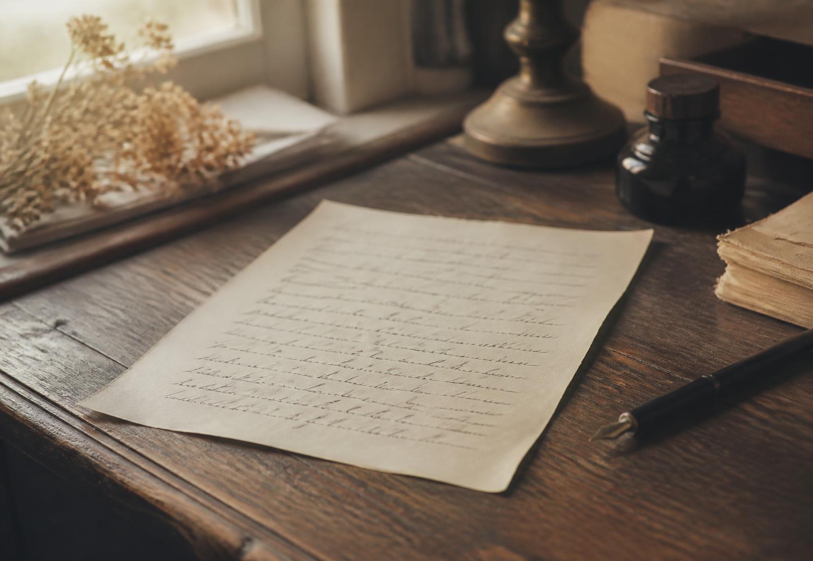 Escritorio tranquilo con papel, luz cálida y objetos de escritura
