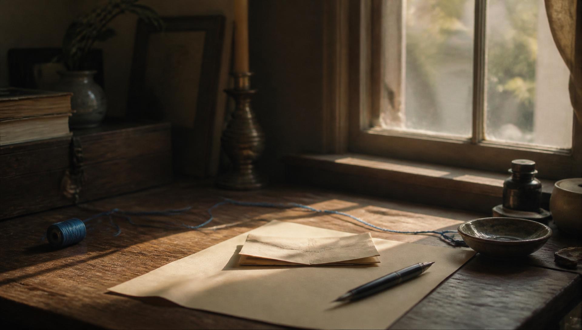 Escritorio de madera junto a una ventana, con una nota de papel doblada, una pluma y un hilo azul